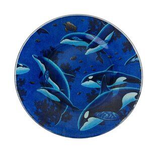 Karen's Kreations Orca Pod Decorative Glass Plate 9.75" Coastal Home Sealife VTG